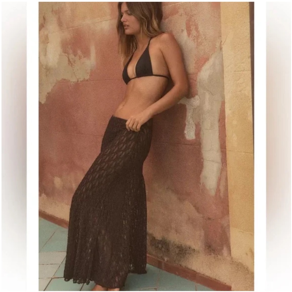 ZARA NWT WOMAN SS25 LONG LACE SKIRT BROWN | 5584/466